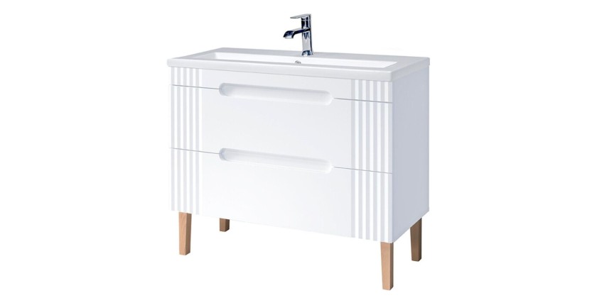 Badezimmer-Set FIDJI: Waschbeckenunterschrank 100cm + eingelassenes weißes Waschbecken + Siphon + Füße