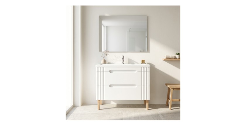 Badezimmer-Set FIDJI: Waschbeckenunterschrank 100cm + eingelassenes weißes Waschbecken + Siphon + Füße