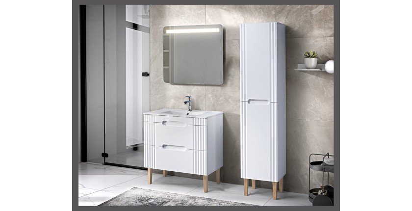 Set FIDJI: Waschbeckenunterschrank 80cm + eingebautes weißes Waschbecken + Siphon + Säule + LED-Spiegel + Füße