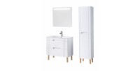 Set FIDJI: Waschbeckenunterschrank 80cm + eingebautes weißes Waschbecken + Siphon + Säule + LED-Spiegel + Füße