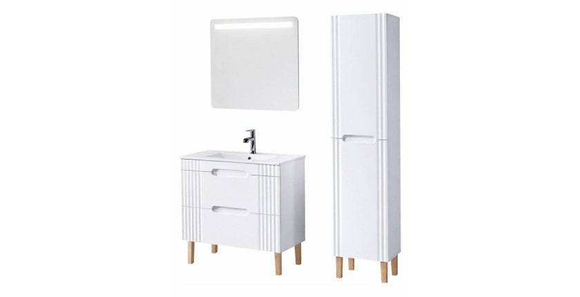 Set FIDJI: Waschbeckenunterschrank 80cm + eingebautes weißes Waschbecken + Siphon + Säule + LED-Spiegel + Füße