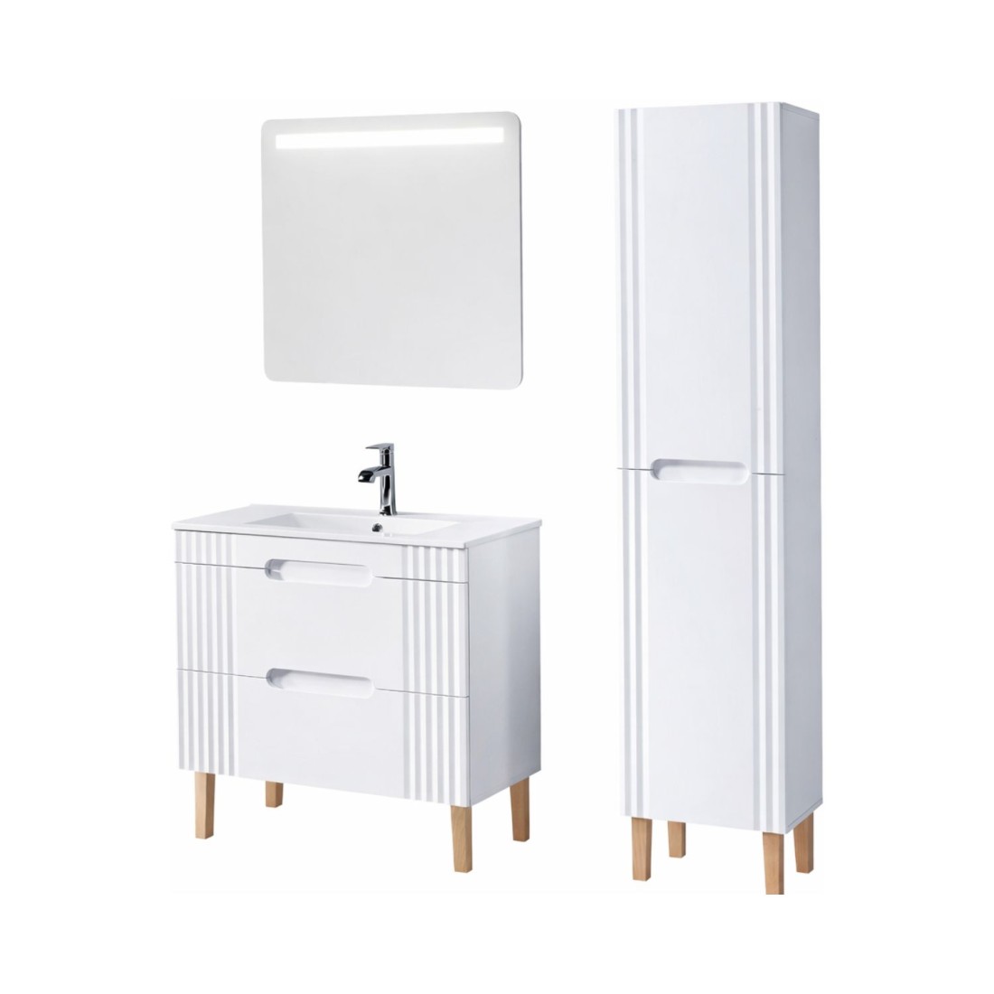 Set FIDJI: Waschbeckenunterschrank 80cm + eingebautes weißes Waschbecken + Siphon + Säule + LED-Spiegel + Füße