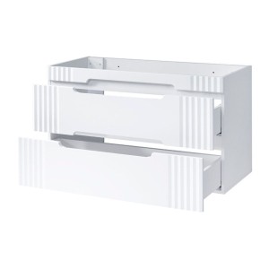 Set FIDJI: Unterschrank 120cm + Platte für Waschbecken + 2 asymmetrische Aufsatzwaschbecken in Marmoroptik + Füße