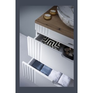 Set FIDJI: Unterschrank 120cm + Platte für Waschbecken + 2 asymmetrische Aufsatzwaschbecken in Marmoroptik + Füße