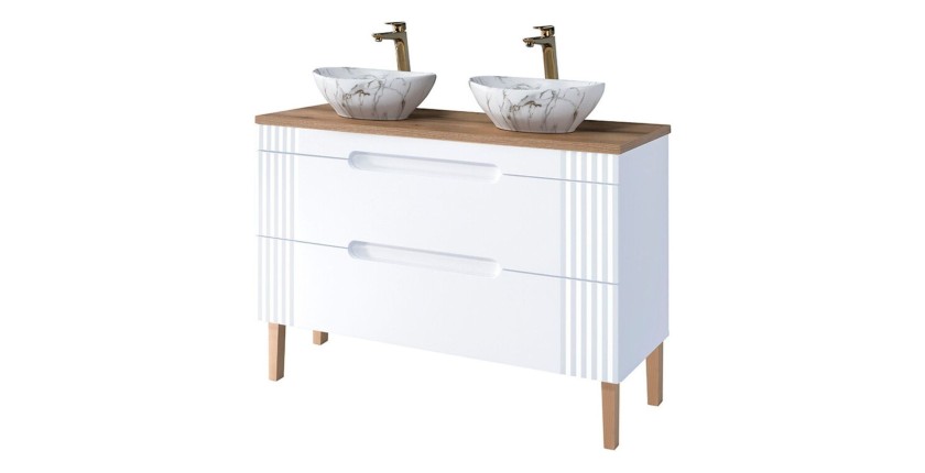 Set FIDJI: Unterschrank 120cm + Platte für Waschbecken + 2 asymmetrische Aufsatzwaschbecken in Marmoroptik + Füße