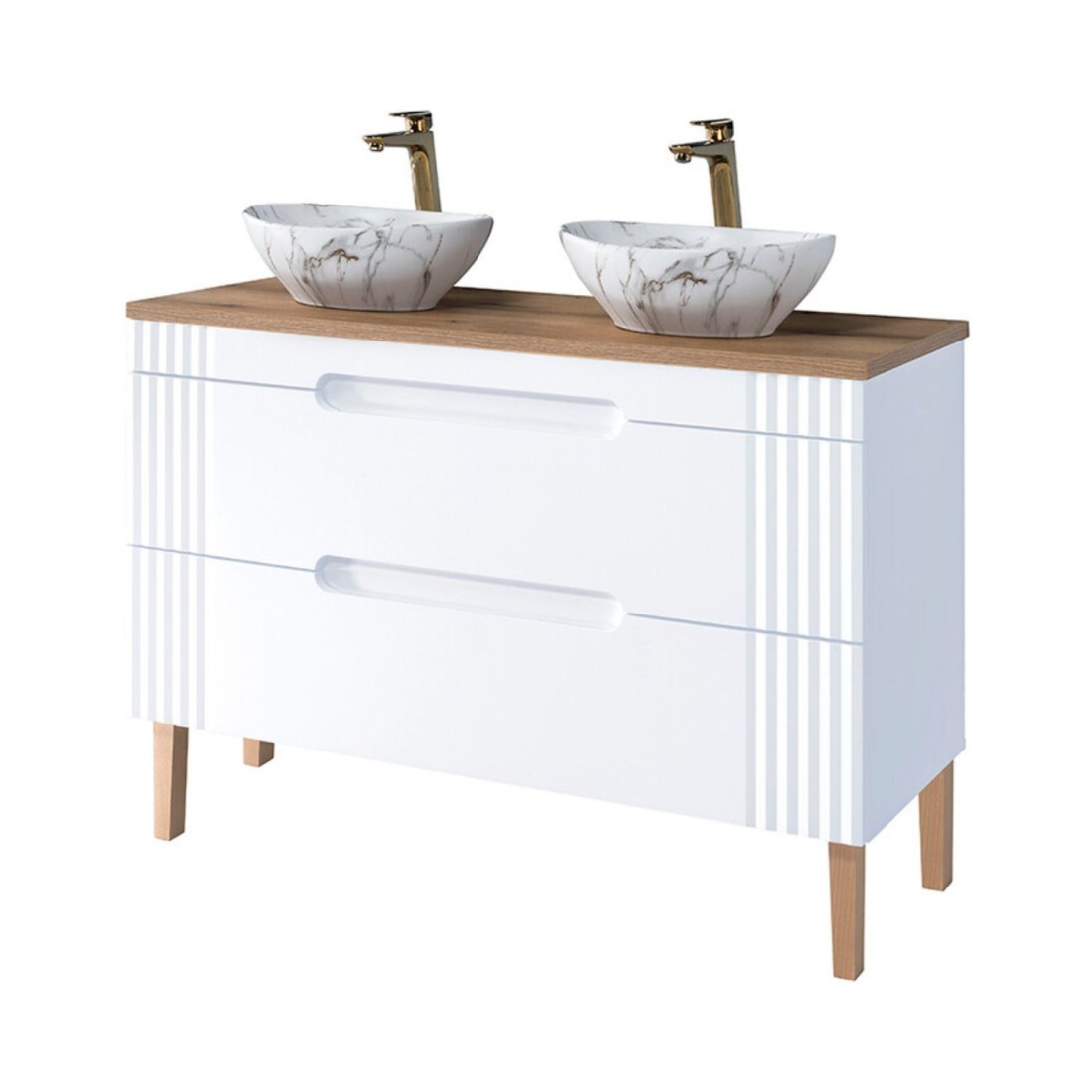 Set FIDJI: Unterschrank 120cm + Platte für Waschbecken + 2 asymmetrische Aufsatzwaschbecken in Marmoroptik + Füße