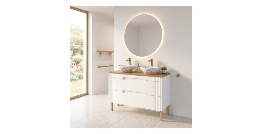 Set FIDJI: Unterschrank 120cm + Platte für Waschbecken + 2 asymmetrische Aufsatzwaschbecken in Marmoroptik + Füße