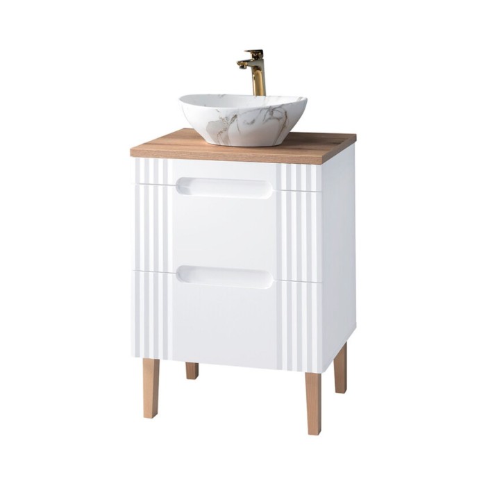 Badezimmer-Set FIDJI: Waschtischunterschrank 60 cm + Platte für Waschbecken + asymmetrisches ovales Aufsatzwaschbecken + Füße