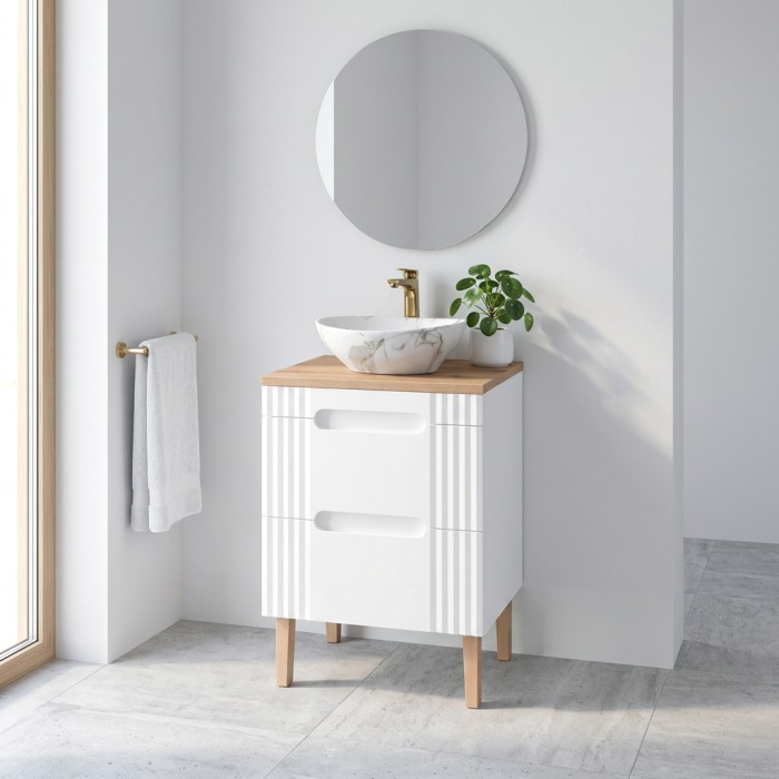 Badezimmer-Set FIDJI: Waschtischunterschrank 60 cm + Platte für Waschbecken + asymmetrisches ovales Aufsatzwaschbecken + Füße
