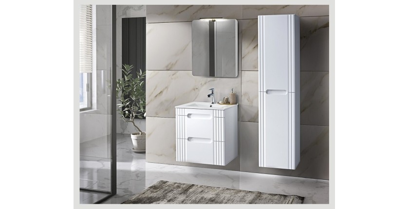 Set FIDJI: Waschbeckenunterschrank 60cm + Einbauwaschbecken weiß + Siphon + Spiegel + LED + Hochschrank