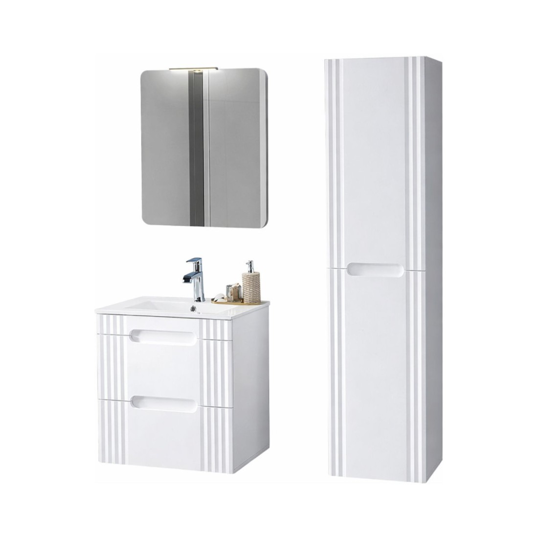 Set FIDJI: Waschbeckenunterschrank 60cm + Einbauwaschbecken weiß + Siphon + Spiegel + LED + Hochschrank