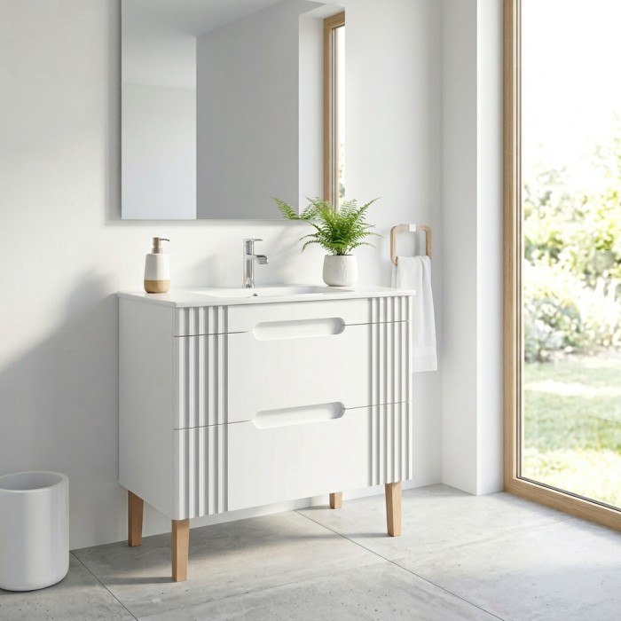 Badezimmer-Set FIDJI: Waschtischunterschrank 80cm + Einbauwaschbecken weiß + Siphon + Füße