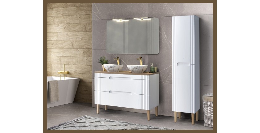 Set FIDJI: Unterschrank 120 cm + Platte für Waschbecken + 2 Aufsatzwaschbecken + Spiegel + 2 LED-Lampen + Hochschrank