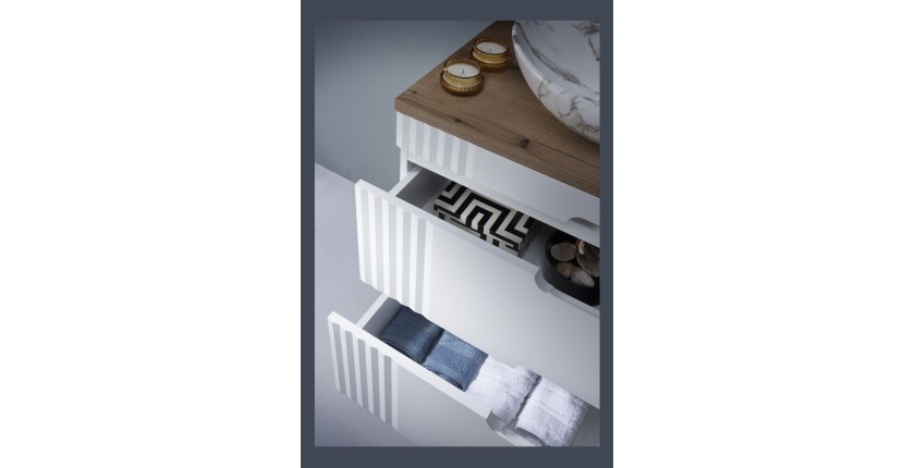 Set FIDJI: Unterschrank 120 cm + Platte für Waschbecken + 2 Aufsatzwaschbecken + Spiegel + 2 LED-Lampen + Hochschrank