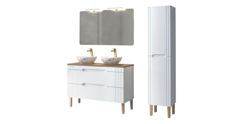 Set FIDJI: Unterschrank 120 cm + Platte für Waschbecken + 2 Aufsatzwaschbecken + Spiegel + 2 LED-Lampen + Hochschrank