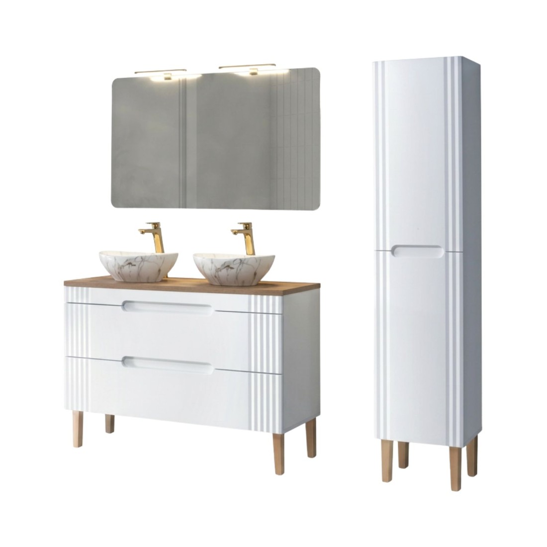 Set FIDJI: Unterschrank 120 cm + Platte für Waschbecken + 2 Aufsatzwaschbecken + Spiegel + 2 LED-Lampen + Hochschrank