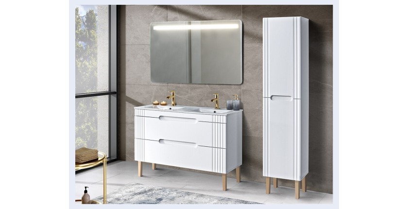 Set FIDJI: Waschtischunterschrank 120cm + Doppelwaschbecken zum Einbau + 2 Siphons + LED-Spiegel + Hochschrank + Füße