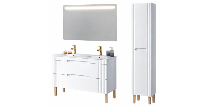 Set FIDJI: Waschtischunterschrank 120cm + Doppelwaschbecken zum Einbau + 2 Siphons + LED-Spiegel + Hochschrank + Füße