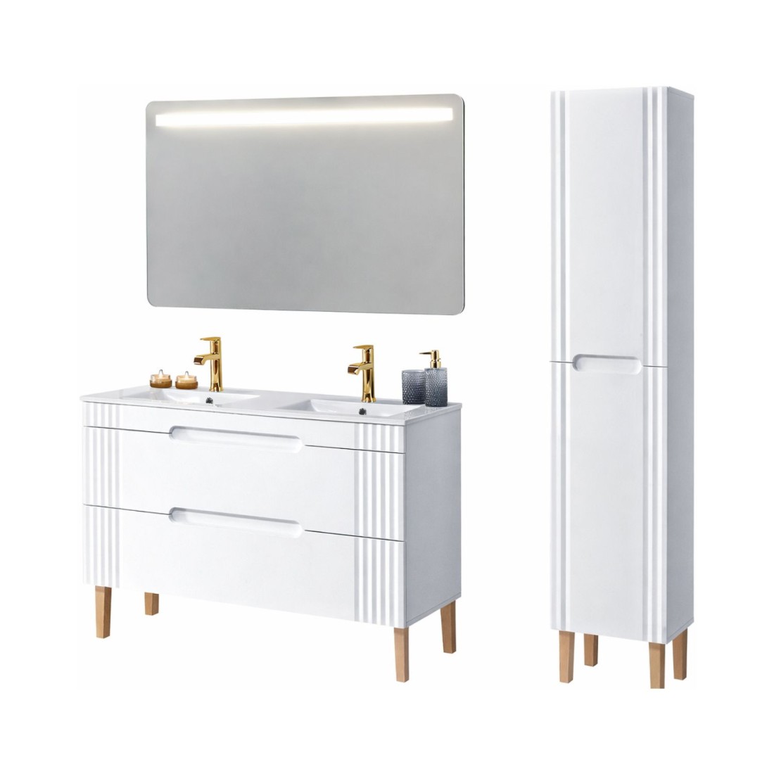 Set FIDJI: Waschtischunterschrank 120cm + Doppelwaschbecken zum Einbau + 2 Siphons + LED-Spiegel + Hochschrank + Füße