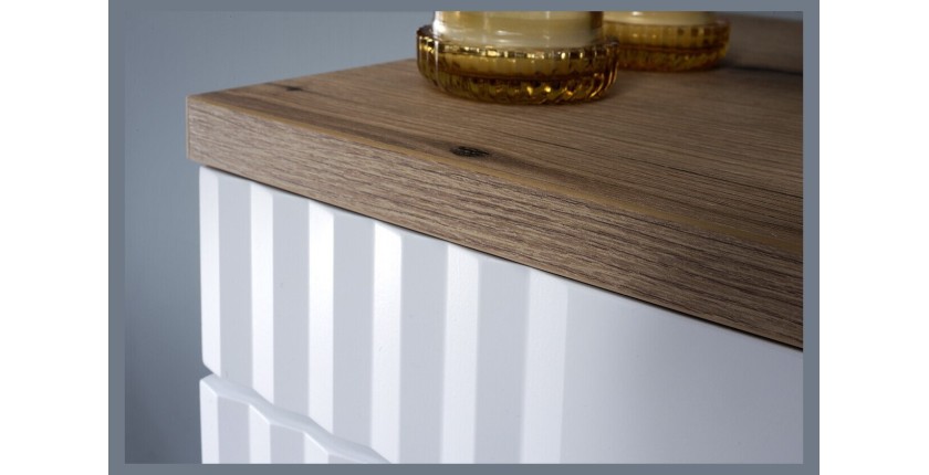 FIDJI Set: Unterschrank 60cm + asymmetrisches Aufsatzbecken in Marmoroptik + LED-Spiegel + Hochschrank + Füße