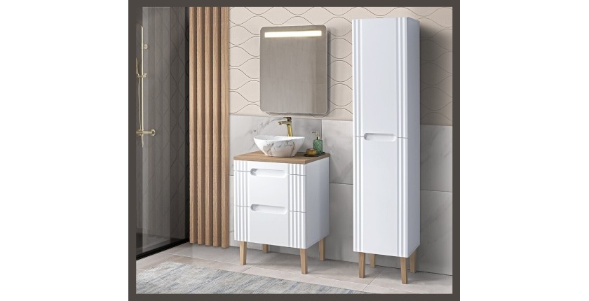 FIDJI Set: Unterschrank 60cm + asymmetrisches Aufsatzbecken in Marmoroptik + LED-Spiegel + Hochschrank + Füße