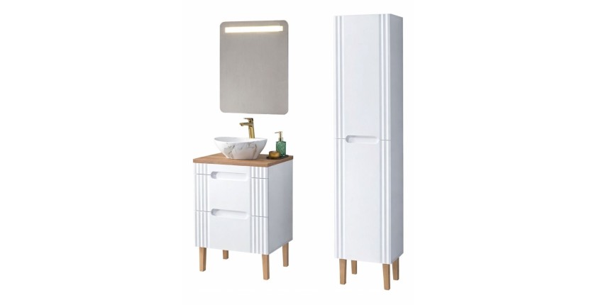 FIDJI Set: Unterschrank 60cm + asymmetrisches Aufsatzbecken in Marmoroptik + LED-Spiegel + Hochschrank + Füße