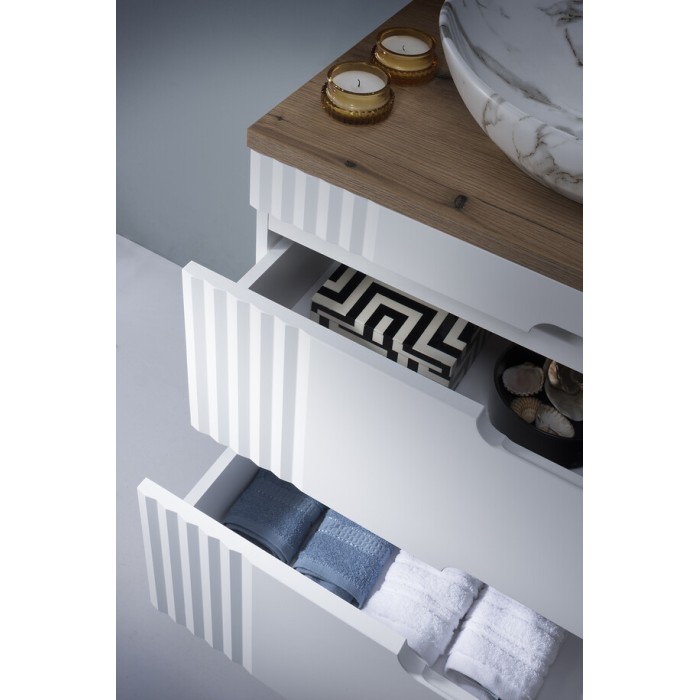 Conjunto FIDJI: mueble bajo lavabo de 80cm + encimera para lavabo + lavabo ovalado asimétrico de aspecto mármol + patas