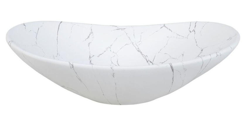 Set FIDJI: Waschtischunterschrank 80cm + Platte für Waschbecken + asymmetrisches ovales Aufsatzwaschbecken in Marmoroptik + Füße