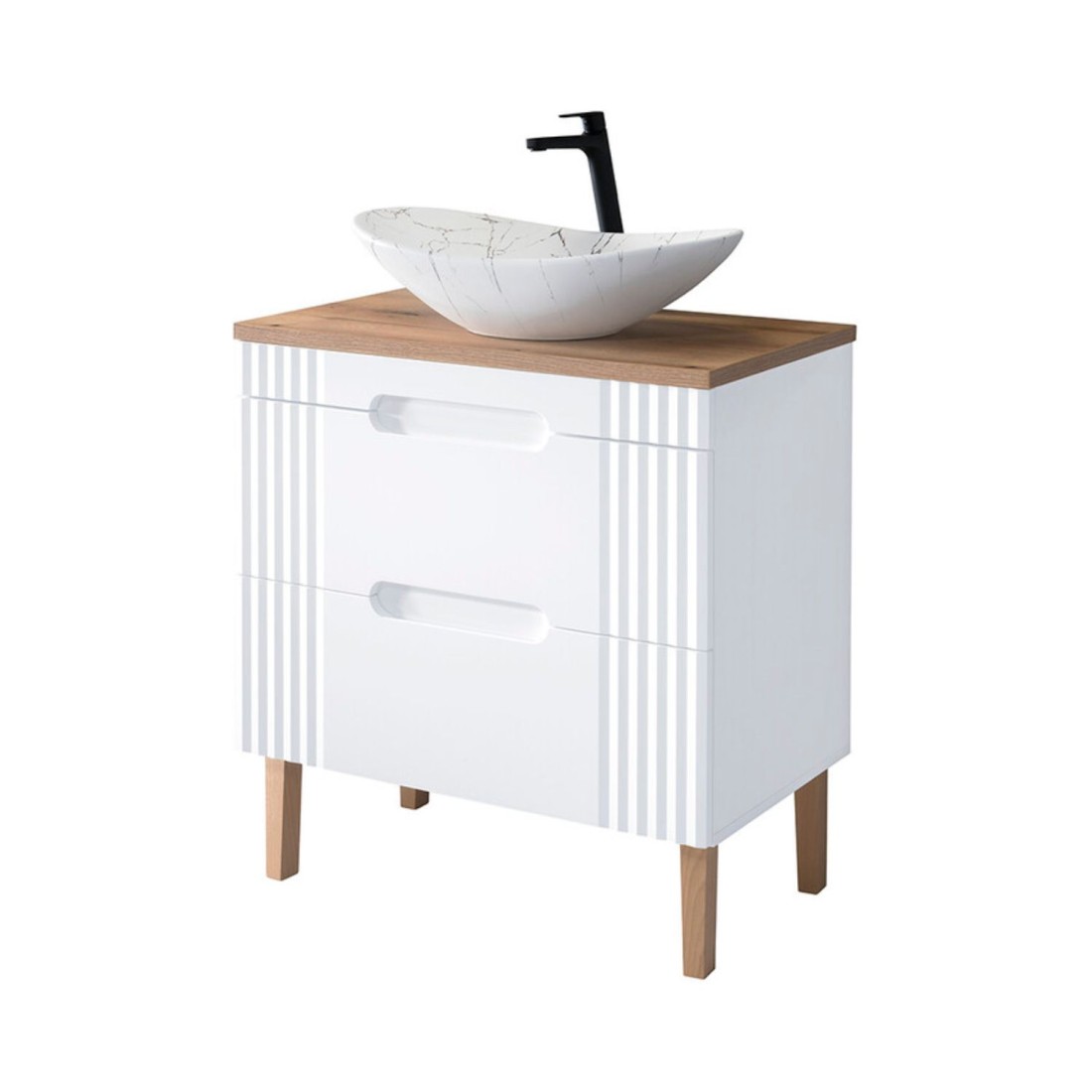 Set FIDJI: Waschtischunterschrank 80cm + Platte für Waschbecken + asymmetrisches ovales Aufsatzwaschbecken in Marmoroptik + Füße