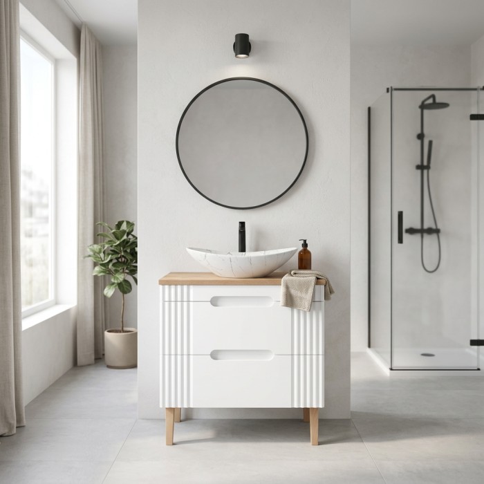 Conjunto FIDJI: mueble bajo lavabo de 80cm + encimera para lavabo + lavabo ovalado asimétrico de aspecto mármol + patas
