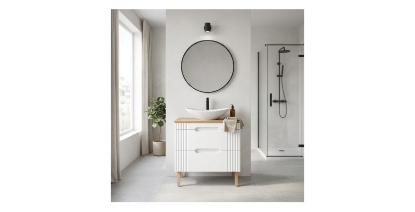 Set FIDJI: Waschtischunterschrank 80cm + Platte für Waschbecken + asymmetrisches ovales Aufsatzwaschbecken in Marmoroptik + Füße