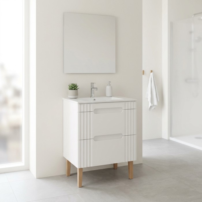 Ensemble FIDJI : meuble sous vasque 60cm, vasque à encastrer, siphon et pieds mis en situation