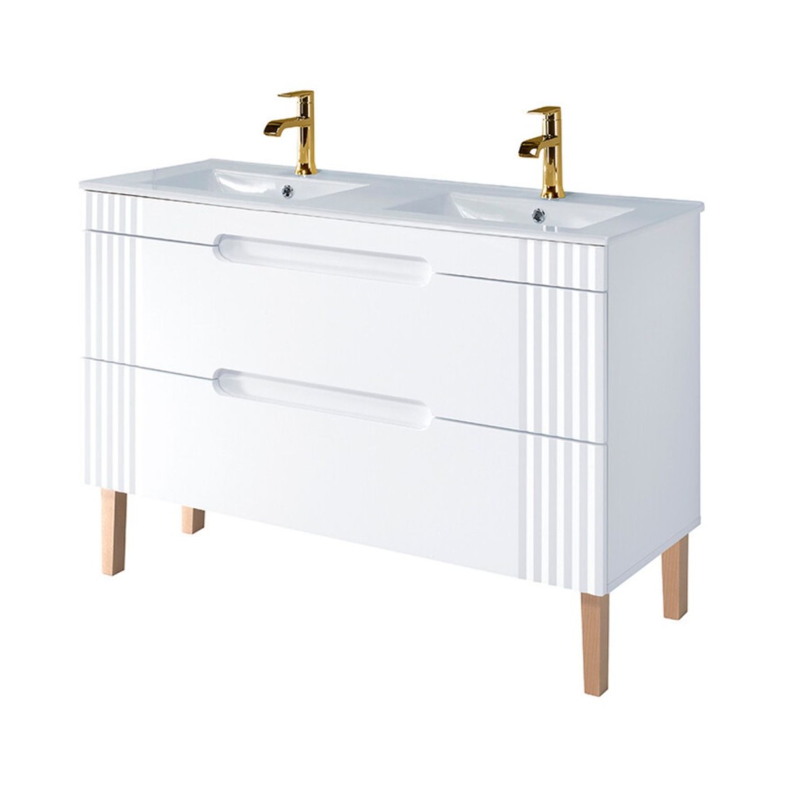 Badezimmer-Set FIDJI: Unterschrank 120cm + Doppelwaschbecken zum Einbauen + 2 Siphons + Füße