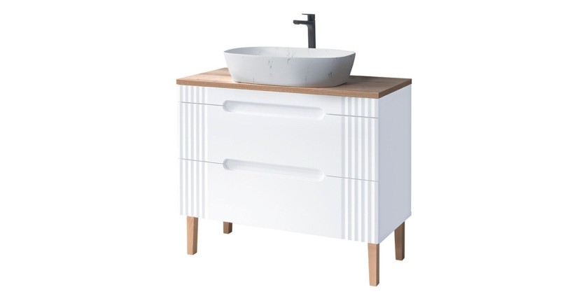 Badezimmer-Set FIDJI: Unterschrank 100cm + Platte für Waschbecken + ovales Aufsatzwaschbecken in Marmoroptik + Füße