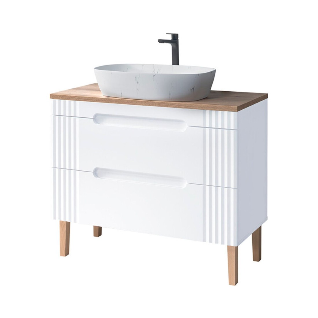 Badezimmer-Set FIDJI: Unterschrank 100cm + Platte für Waschbecken + ovales Aufsatzwaschbecken in Marmoroptik + Füße