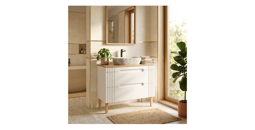 Badezimmer-Set FIDJI: Unterschrank 100cm + Platte für Waschbecken + ovales Aufsatzwaschbecken in Marmoroptik + Füße