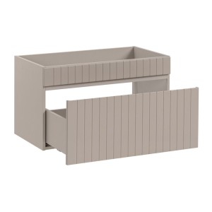 ICON Set: Waschtischunterschrank 180cm in Kaschmirfarbe mit sichtbaren Nischen in Holzoptik + Waschtischplatte in Holzoptik