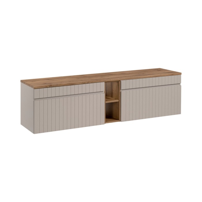 Insieme ICON: mobile sottolavabo 180cm colore cachemire con nicchie visibili effetto legno + piano per lavabo effetto legno