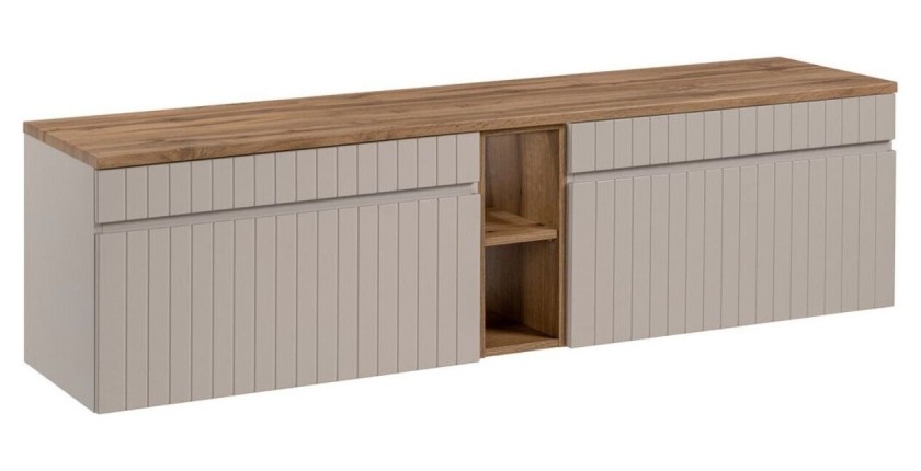 ICON Set: Waschtischunterschrank 180cm in Kaschmirfarbe mit sichtbaren Nischen in Holzoptik + Waschtischplatte in Holzoptik