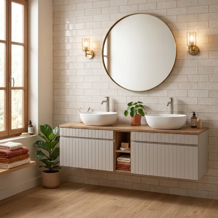 Insieme ICON: mobile sottolavabo 180cm colore cachemire con nicchie visibili effetto legno + piano per lavabo effetto legno