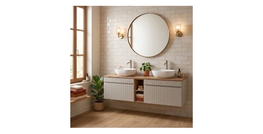 ICON Set: Waschtischunterschrank 180cm in Kaschmirfarbe mit sichtbaren Nischen in Holzoptik + Waschtischplatte in Holzoptik