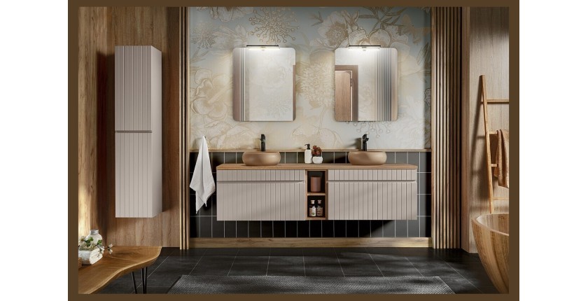 ICON Set: Unterschrank 180cm mit sichtbaren Nischen + 2 runde Aufsatzwaschbecken + 2 Spiegel + 2 LED-Lampen + Hochschrank