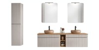 ICON Set: Unterschrank 180cm mit sichtbaren Nischen + 2 runde Aufsatzwaschbecken + 2 Spiegel + 2 LED-Lampen + Hochschrank