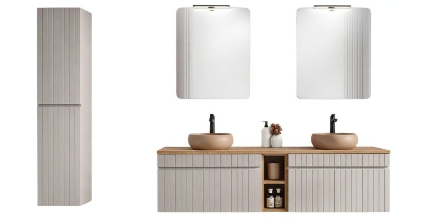 ICON Set: Unterschrank 180cm mit sichtbaren Nischen + 2 runde Aufsatzwaschbecken + 2 Spiegel + 2 LED-Lampen + Hochschrank