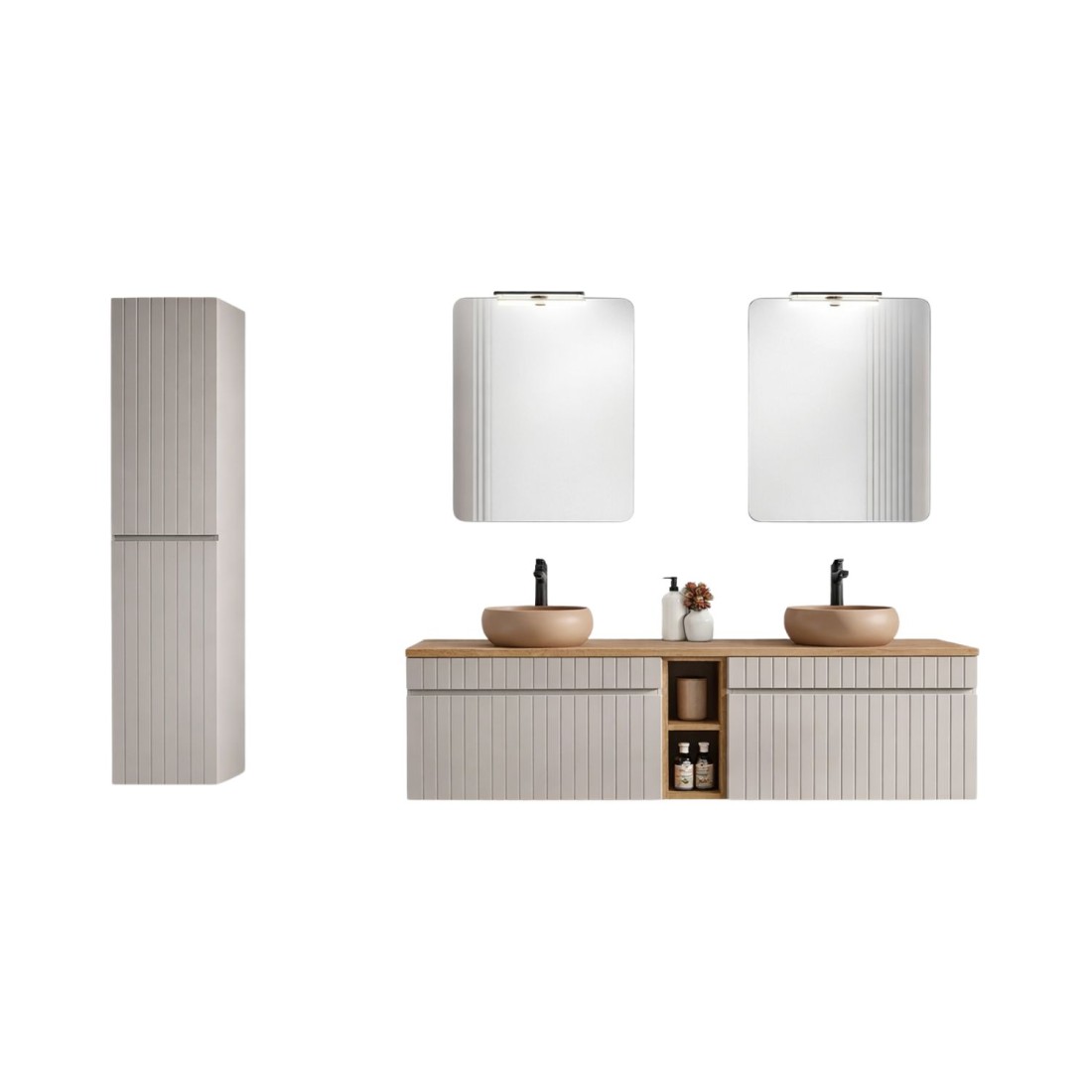 ICON Set: Unterschrank 180cm mit sichtbaren Nischen + 2 runde Aufsatzwaschbecken + 2 Spiegel + 2 LED-Lampen + Hochschrank