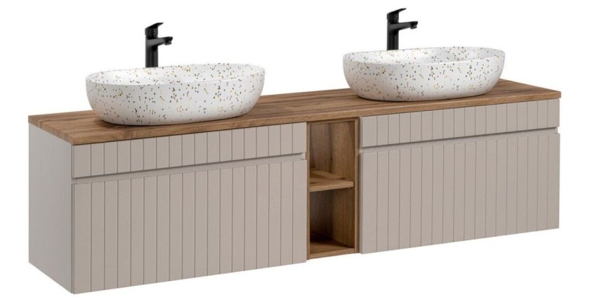 ICON-Set: Waschtischunterschrank 180cm mit sichtbaren Nischen + 2 ovale, gesprenkelte Aufsatzwaschbecken in Multicolor