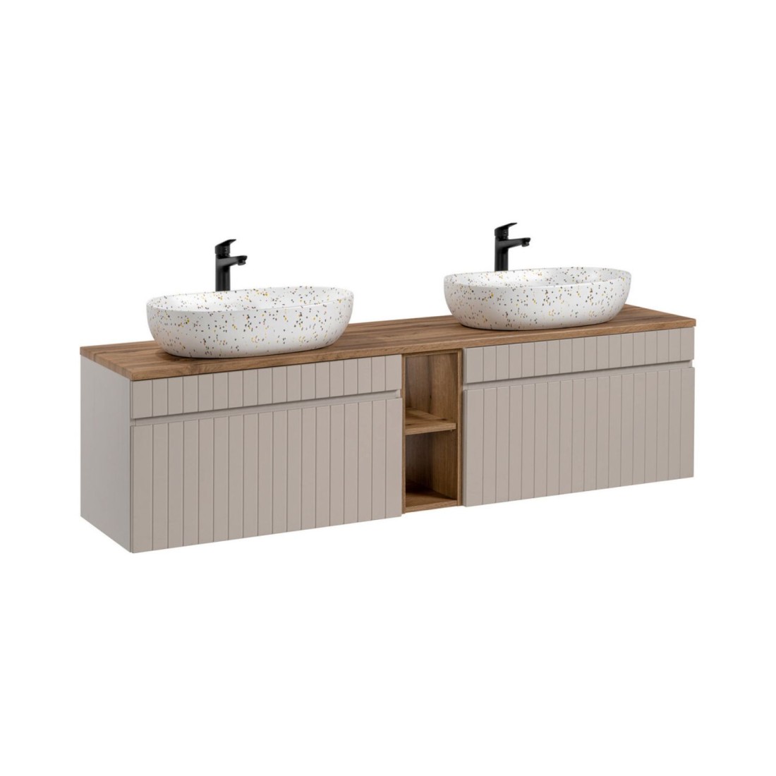 ICON-Set: Waschtischunterschrank 180cm mit sichtbaren Nischen + 2 ovale, gesprenkelte Aufsatzwaschbecken in Multicolor