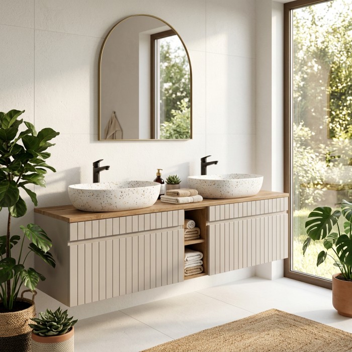 Conjunto ICON: mueble bajo lavabo de 180 cm con nichos visibles + 2 lavabos ovalados moteados multicolores