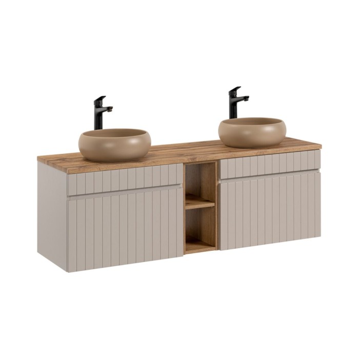 Insieme ICON: mobile sotto lavabo 140cm con nicchie visibili + 2 lavabi da appoggio rotondi marrone cappuccino