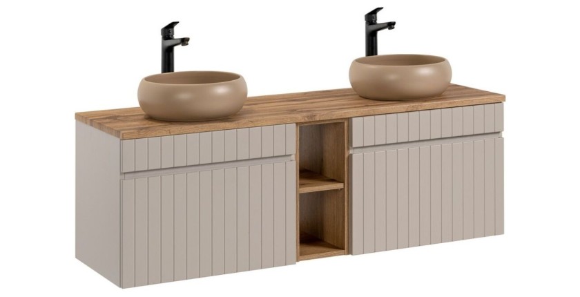 ICON Set: Waschtischunterschrank 140cm mit sichtbaren Nischen + 2 runde Aufsatzwaschbecken in Braun Cappuccino